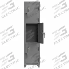 STRONG HOLD Locker: 18 in x 18 in x 75 in, 3 Tiers, 1 Units Wide, 3 Lockers, 18 in x 24 in, Steel (MPN 1.66-3D-18-3T-EK-L). Key specifications — Mounting Style: Surface; Brand: STRONG HOLD; Handle Type: Swing; Locker Color: Gray; Mounting Location: Freestanding; Locker Material: Steel; Frame Assembled: Assembled; Lock Type: Electronic Keypad.