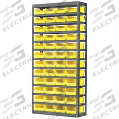 AKRO-MILS Bin Shelving: 36 in x 12 in x 79 in, 1 Sided, 60 Bins, Open, Shelf Bin, Yellow, 13 Shelves (MPN AS1279130Y). Key specifications — Includes Bins: Yes; Bin Material: Polymer; Frame Color: Gray; Bin HxWxD: (60) 4 in x 6-5/8 in x 11-5/8 in; Frame Material: Steel; Bin Color: Yellow; Bin Style: Shelf; Brand: AKRO-MILS.
