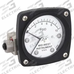 MIDWEST INSTRUMENT Differential Pressure Gauge: Back, 1/4 in NPT Female, ±3-2-3% Gauge Accuracy, 120 (MPN 120-AA-00-OO-10P). Key specifications — Sensor Type: Piston; Series: 120; Housing Material: Aluminum; Certificate of Calibration: Not Included; Gauge Accuracy: ±3-2-3%.