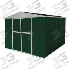 Storage Shed: 12 in W x 9 ft D x 7 in H, 561 cu ft, Green, 11 1/4 ft L x 8 3/8 ft D x 6 7/8 ft H (MPN 13X114). Key specifications — Brand: APPROVED VENDOR; Product Type: Outdoor Storage Shed; Assembled: Unassembled; Fire Rating: Not Rated; Lockable: Yes; Color: Green.