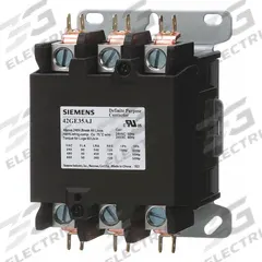 SIEMENS Definite Purpose Magnetic Contactor: 3 Poles, 24V AC, 90 A, Non-Reversing (MPN 42GE35AJ). Key specifications — Brand: SIEMENS; Coil Voltage: 24V AC; Contactor Style: HVACR Definite Purpose Contactor; Mounting Style: Surface; Terminal Connection Type: Screw Terminals; Maximum Voltage Rating: 600V AC; Series: 42 Series; Phase: Three.