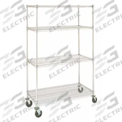 INSTOCK Metal Shelving: 60 in x 18 in x 79 in, Dry/Harsh/Wet, Split Sleeve, 4 Shelves, Silver (MPN GRMSS1860). Key specifications — Color: Silver; Recommended Environment: Dry; Post Shape: Round; Number Of Shelves: 4; Caster Wheel/Configuration: (2) Swivel; Material: Stainless Steel; Brand: INSTOCK.