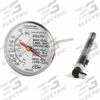CDN Ovenproof Meat Thermometer: Food Safety/Meat and Poultry/Roasts, Analog, 5 1/2 in Overall Lg (MPN IRM190). Key specifications — Accuracy: ±0.3 ° F or ±0.2 ° C; Brand: CDN; Case Material: Stainless Steel; Display Type: Analog; Features: Ovenproof; Lens Material: Glass; NSF Certified: Yes; Thermometer Type: Ovenproof Meat Thermometer.
