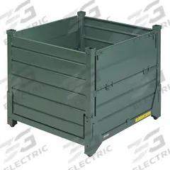 STEEL KING Collapsible Bulk Container: 28.3 cu ft, 45 in x 48 in x 42 in, Lid Not Included, Green (MPN HF4CM454842VG). Key specifications — Brand: STEEL KING; Stackable: Stacking Capable; Shape: Rectangular; Runner Location: None; Fork Entry: 4-Way Entry; Container Wall Type: Vented; Mobility: Stationary; Collapsible: Collapsible.
