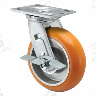 PEMCO Caster: Swivel, Side Brake, Polyurethane, 4 in Wheel Dia, 2 in Wheel Wd - Medium-Duty Plate Casters