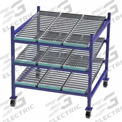 UNEX FLOW CELL Gravity Flow Rack: 48 in x 48 in x 54 in, Tilt, 3 Shelves, Steel (MPN FCM99SR48483). Key specifications — Brand: UNEX FLOW CELL; Decking Material: Steel.