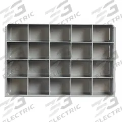 Compartment Drawer Insert: 18 in x 12 in x 3 in, 3 7/16 in x 2 27/32 in, 20 Compartments, 0 Dividers (MPN 124-95-20-IND). Key specifications — Color: Gray; Compartment HxWxD: (20) 3-7/16 in x 2-27/32 in; Removable Dividers: No; Compatible Manufacturer Model Number: 123-95; Brand: DURHAM MFG.