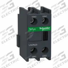 SCHNEIDER Auxiliary Contact Block: 2NO, 10 A Max Current (AC), Front Mount, Front-Mounted (MPN LADN20). Key specifications — Brand: SCHNEIDER; Compatible with Series: TeSys.