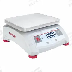 OHAUS Food Scale: 9 5/8 in Weighing Surface Dp, 7 1/2 in Weighing Surface Wd, 4 3/4 in Overall Ht (MPN V12P2T AM). Key specifications — Connection Ports: RS-232; Readability: 0.2 g/0.0005 lb; Brand: OHAUS; IP Rating: Not IP Rated.