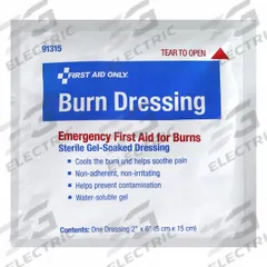 FIRST AID ONLY Burn Dressing: 6 in Dressing Lg, 2 in Dressing Wd, Gauze, Sterile (MPN 91315). Key specifications — Water Resistance: Waterproof; Self-Adhesion: Not Self-Adhering; Unitized: Unitized; Standards: ANSI/ISEA Z308.1-2015; Manufacturer Part Number: 91315; Package Type: Packet; Product Type: Burn Dressing; Sterility: Sterile.