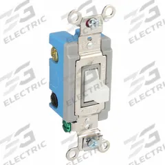 HUBBELL Wall Switch: Toggle Switch, Single Pole/Double Throw, Momentary, White, 120/277V AC, 15 A (MPN HBL1556W). Key specifications — Illuminated: No; Voltage Rating: 120/277V AC.