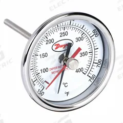 DWYER Min/Max Dial Thermometer: 150°F to 750°F to 65.5°C to 398.9°C, +/- 2% Accuracy, 3 in Dial Dia (MPN BTM3408D). Key specifications — Brand: DWYER; Accuracy: +/- 2%.