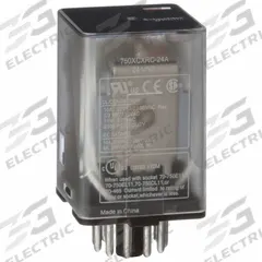 SCHNEIDER General Purpose Relay: Socket Mounted, 10 A Current Rating, 24V AC, 3PDT, B Socket (MPN 750XCXRC-24A). Key specifications — Brand: SCHNEIDER; Base Type: Octal; Mounting Style: Plug-In; Pin Shape: Round; Electrical Connection: 11-Pin Terminal; Manufacturer Part Number: 750XCXRC-24A; Operating Current: 5 A at 28V DC-1 (1 NC Resistive Load Conforming to IEC); Series: 750R Series.
