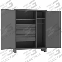 DURHAM MFG Storage Cabinet: 48 in x 24 in x 78 in, 3 Shelves, 7 Drawers, Swing Handle & Padlock Hasp (MPN HDWC244878-7M95). Key specifications — attr113683: (1) 18 in x 19-5/16 in; (2) 20-7/16 in x 20-7/8 in; attr113700: (2) Adjustable; (1) Fixed; attr113673: Legs; attr113674: Gray; attr113688: (7) 4 in x 23-1/4 in x 20-1/4 in; attr113685: Assembled.