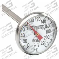 TAYLOR Chef Thermometer: Temp Test, Analog, 5 in Overall Lg, 1 in Dial Size, 1/8 in Dia (MPN 3512). Key specifications — Accuracy: ±2 °F; Brand: TAYLOR; Case Material: Stainless Steel; Display Type: Analog; Lens Material: Plastic; NSF Certified: Yes; Thermometer Type: Stem Thermometer; Metal Detectable: Yes.