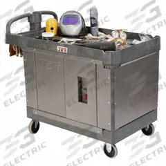 JET Utility Cart: 500 lb, 43 in L x 25 in W x 29 in H Overall Dim, 2 Shelves, Gray, Raised (MPN JT1-127). Key specifications — Brand: JET.