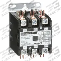 SQUARE D Definite Purpose Magnetic Contactor: 3 Poles, 24V AC, 40 A, Non-Reversing (MPN 8910DPA43V14). Key specifications — Brand: SQUARE D; Coil Voltage: 24V AC; Contactor Style: HVACR Definite Purpose Contactor; Terminal Connection Type: Box Lugs; Maximum Voltage Rating: 600V AC; Series: 8910 Series Type DPA; Phase: Three; Main Pole Contact Form: 3NO.