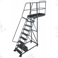 BALLYMORE Rolling Cantilever Ladder: 7.5 ft Platform Ht, Unassembled, Locking Casters, Steel (MPN CL-9-14-P). Key specifications — attr1051489: Gray; attr1051483: BALLYMORE; attr1051499: Double Handrails; attr1051504: Steel.