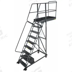 BALLYMORE Rolling Cantilever Ladder: 7.5 ft Platform Ht, Unassembled, Locking Casters, Steel (MPN CL-9-14-P). Key specifications — attr1051489: Gray; attr1051483: BALLYMORE; attr1051499: Double Handrails; attr1051504: Steel.