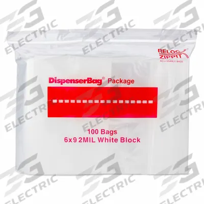 RELOC ZIPPIT Reclosable Bag: 2 mil Thick, 6 in Wd, 9 in Lg, Hang Hole Not Included - White Block Reclosable Poly Bags