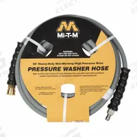 Pressure Washer Hose: 3/8 in ID, 50 ft Lg, Polyurethane, Gray, 3/8 in x 3/8 in Fitting Size (MPN AW-0851-0338). Key specifications — Hose Cover Material: Polyurethane; Fitting Type: Solid x MNPT Swivel; Hose Color: Gray; Hose Configuration: Coupled Assembly; Brand: MI-T-M.