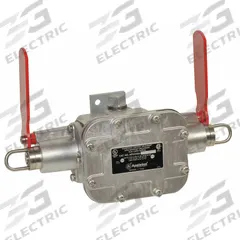 APPLETON ELECTRIC Emergency Cable Pull Switch: AFUX Series, Left and Right Pull Cord (MPN AFUX0333-22). Key specifications — Case Material: Cast Aluminum; Horsepower: 0.5 HP @ 120V AC; Reset: Actuator; Indicator: Flag Arm; Wiring Entry: Conduit; Manufacturer Part Number: AFUX0333-22; Action: Maintained; Series: AFUX.
