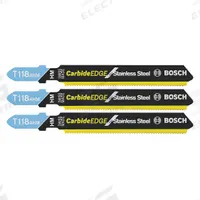 BOSCH Jigsaw Blade: 24, 3 1/4 in Blade Lg, Carbide, Carbide, Flex for Curved Cuts Cutting Edge, 3 PK (MPN T118AHM3). Key specifications — attr1097716: Thin Metal; attr1097715: Carbide; attr1097719: 24; attr1097721: Carbide; attr1097728: BOSCH.