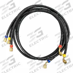 TESTO Hose Set: 5 ft Lg, 45° Angle, Black/Blue/Red/Yellow, Rubber, 3 Hoses, Ball Valve (MPN 0554 2113). Key specifications — Brand: TESTO; Includes Valve: Yes.