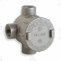 Conduit Outlet Body: Iron, GE, 1 in Trade Size, T Body, 19 cu in Body Capacity (MPN GECTT-3M). Key specifications — Series: For Standard Body; Compatible Conduit Trade Size: 1 in; Thread Gender: Female; Hub Style: Threaded; Cover Included: Yes; Body Style: T; Connection Type: Threaded; Back Type: Flat.