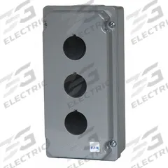 EATON Push Button Enclosure: 30mm, 3 Holes, Cast Zinc, NEMA 12/13/4/4X (MPN E34N3). Key specifications — attr211299: EATON; attr1043605: Washdown-Corrosion-Resistant.