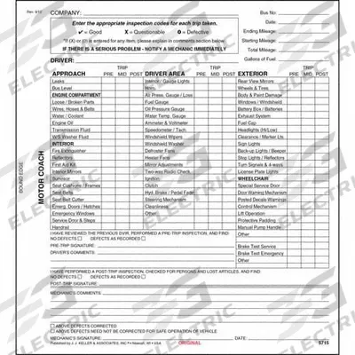 JJ KELLER Motor Coach Vehicle Inspection Report: Carbonless - Motor Coach Vehicle Inspection Reports