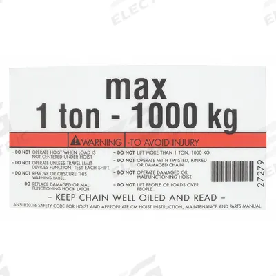 CM Capacity Label: Electric Chain Hoists, 2,000 lb Compatible Load Capacity - Warning Labels for Hoists