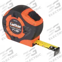 CRESCENT LUFKIN Tape Measure: Nonmagnetic Single Hook Tip, 25 ft, Plastic with Rubberized Grip (MPN PQR1425N). Key specifications — attr935324: CRESCENT LUFKIN; attr942259: Black; attr935328: 1/16 in; attr935329: Inches; attr935337: SAE/Fractional-Read; attr936607: Manual Lock; attr972446: Inch/Fractional-Read; attr979969: Nonmagnetic Single Hook.
