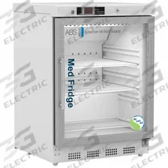 AMERICAN BIOTECH SUPPLY Pharmacy Refrigerator: 4.6 cu ft, Undercounter, 1°C to 10°C, Swing Glass (MPN PH-ABT-NSF-UCBI-0404G). Key specifications — Door Opening Style: Right; Color: White; Alarm Type: Temperature; Manufacturer Part Number: PH-ABT-NSF-UCBI-0404G; Brand: AMERICAN BIOTECH SUPPLY; Product Type: Pharmacy Refrigerator; Door Type: Swing Glass; Refrigerant Type: R-600a.