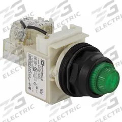 SCHNEIDER ELECTRIC Pilot Light: 30 mm Panel Mounting Size, Green, LED, 9001SK Series (MPN 9001SKT38LGG31). Key specifications — Series: 9001SK; Brand: SCHNEIDER; Includes Push-To-Test: Push-To-Test Included.