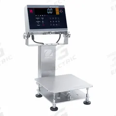 OHAUS Industrial Bench Scale: 9 3/4 in x 9 3/4 in, IP68/IP69K, Column-Mounted, Stainless Steel (MPN D61XWE5K1S6). Key specifications — Connection Ports: USB; Readability: 0.001 lb/0.5 g; Brand: OHAUS; Weighing Surface Material: Stainless Steel.