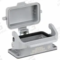 HARTING Rectangular Connector Housing: Size 10 B, Bulkhead Mount, Gray, Aluminum Die-Cast, IP65 (MPN 09300100303). Key specifications — IP Rating: IP65; Size Designation: 10 B; Seal Material: NBR; Locking Type: Single Lever; Brand: HARTING; Primary Material: Aluminum; Operating Temperature Range: -40 to 125 Degrees C.