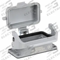 HARTING Rectangular Connector Housing: Size 10 B, Bulkhead Mount, Gray, Aluminum Die-Cast, IP65 (MPN 09300100303). Key specifications — IP Rating: IP65; Size Designation: 10 B; Seal Material: NBR; Locking Type: Single Lever; Brand: HARTING; Primary Material: Aluminum; Operating Temperature Range: -40 to 125 Degrees C.