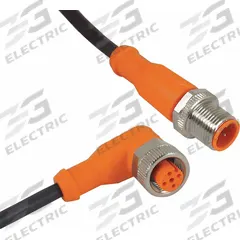 Cordset: M12 Male Right Angle X M12 Female Straight, 5 Pins, Black, PUR, 2 m Cable Lg (MPN EVC018). Key specifications — Cable Jacket Color: Black; End 1 Gender: Male; End 1 Mounting Orientation: Right Angle; End 2 Gender: Female; End 2 Mounting Orientation: Straight; End 2 Connection Type: M12; IP Rating: IP65; Brand: IFM.