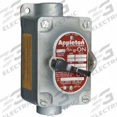 APPLETON ELECTRIC Tumbler Switch: 1 Gang, 3-Way, 30 A, 277 V AC, Feed-Thru Hub, 1 in Hub Size (MPN EDSC110-F3W3). Key specifications — Brand: APPLETON ELECTRIC.
