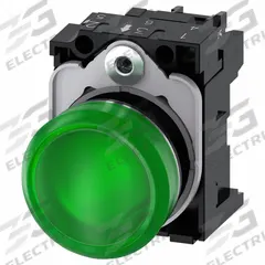 SIEMENS Pilot Light: 22 mm Panel Mounting Size, Green, LED, 110 V AC Max Volt Rating (Supply) (MPN 3SU1153-6AA40-1AA0). Key specifications — Series: 3SU; Brand: SIEMENS; Includes Push-To-Test: No Push-To-Test Included.