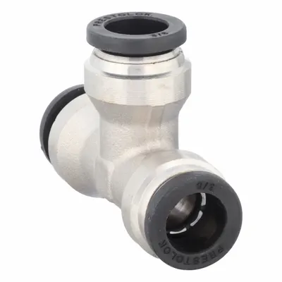 PARKER Push-Fit Tee Fitting: 3/8 in OD x 3/8 in OD x 3/8 in OD Size, Brass - Nickel-Plated Brass Tube Fittings