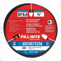 FILL-RITE Discharge Hose: Discharge Hose, 3/4 in x 20 ft, Neoprene, Nitrile, Brass, -40° to 130°F (MPN ARCH07520A). Key specifications — Hose Tube Material: Nitrile; Brand: FILL-RITE; Hose Cover Material: Neoprene; Temperature Range: -40° to 130 °F; UL Listed: No; Fitting Material: Brass.