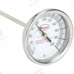 DWYER Long Reach Dial Thermometer: 0°F to 200°F, +/- 1% Accuracy, 3 in Dial Dia, 1/2 in Thread Size (MPN BTLRN348101). Key specifications — Accuracy: +/- 1%; Housing Material: Stainless Steel; Brand: DWYER.