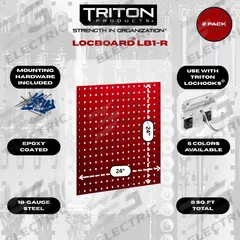TRITON PRODUCTS Stationary Pegboard Panels: Square, 3/8 in Peg Hole Size, 24 in x 24 in x 9/16 in (MPN LB1-R). Key specifications — Material: Steel; Finish: Epoxy Coated; Peg Hole Shape: Square; Includes: Mounting Hardware; Color: Black; Brand: TRITON PRODUCTS.