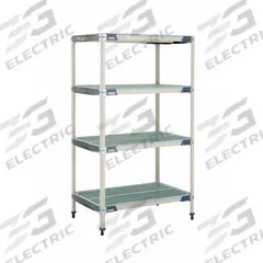 METRO Plastic Industrial Shelving: 24 in x 36 in, 62 in Overall Ht, 4 Shelves, Antimicrobial (MPN X536GX3). Key specifications — Resistance Properties: Antimicrobial; Frame Material: 304 Stainless Steel; Shelving Material: Polymer; Brand: METRO.