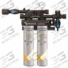 EVERPURE Water Filtration System: 5 micron, 5 gpm, 30,000 gal, 19 in Overall Ht, 17 in Overall Dia (MPN EV920222). Key specifications — Connection Type: NPT; Filter Media: Carbon; Reduces: Chlorine Taste; Brand: EVERPURE.