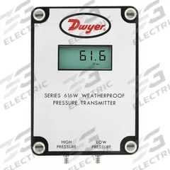 DWYER Indicating Differential Transmitter: Digital, 0 in wc to 10 in wc, Terminal Block, 616W, 4X (MPN 616W-3-LCD). Key specifications — Brand: DWYER; Display Type: Digital; Accuracy: ±0.25% of Full Scale; Manufacturer Part Number: 616W-3-LCD; Series: 616W; Housing Material: Plastic; IP Rating: IP66; Process Connection Gender: Male.
