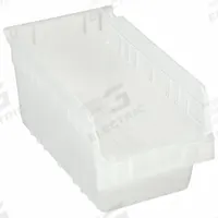 AKRO-MILS Shelf Bin: 11 5/8 in Overall Lg, 6 5/8 in x 6 in, Clear, Nesting Capable, Not Hangable (MPN 30090SCLAR). Key specifications — attr1179622: AKRO-MILS; attr1179611: 0%; attr1179616: 30090SCLAR; attr1179624: Dividers Not Included; attr1249172: Not Electrostatic Discharge Conductive.