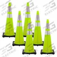 Traffic Cone: MUTCD/NCHRP-350, 36 in Cone Ht, Green, High-Intensity Prismatic, PVC, Blank (MPN 98077-6). Key specifications — Base Color: Black; Brand: MR. CHAIN; Cone Material: PVC; Legend: Blank.